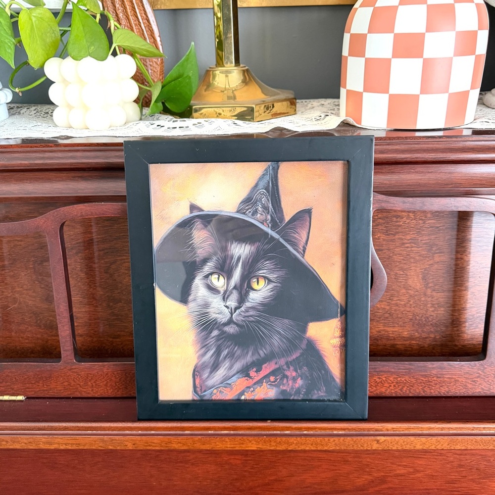 Black Cat Witch Hat Canvas Art Print Spooky Kitty Black Framed Wall Hanging Art